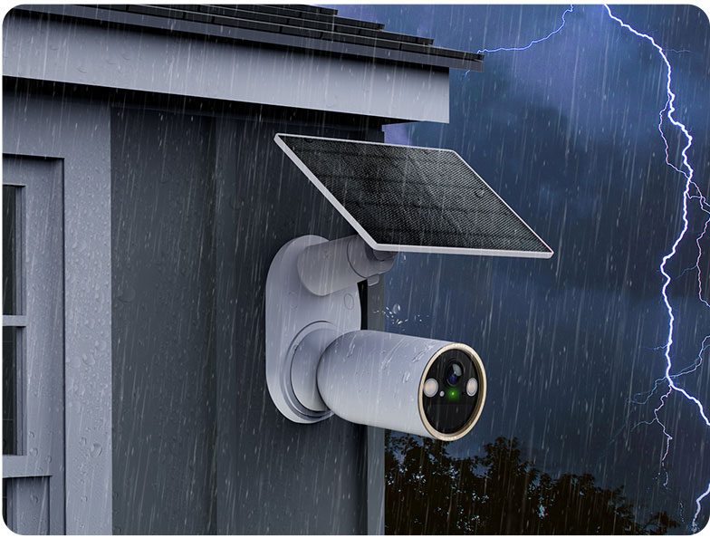 Tapo C460 camera and solar panel mounted outside in a storm