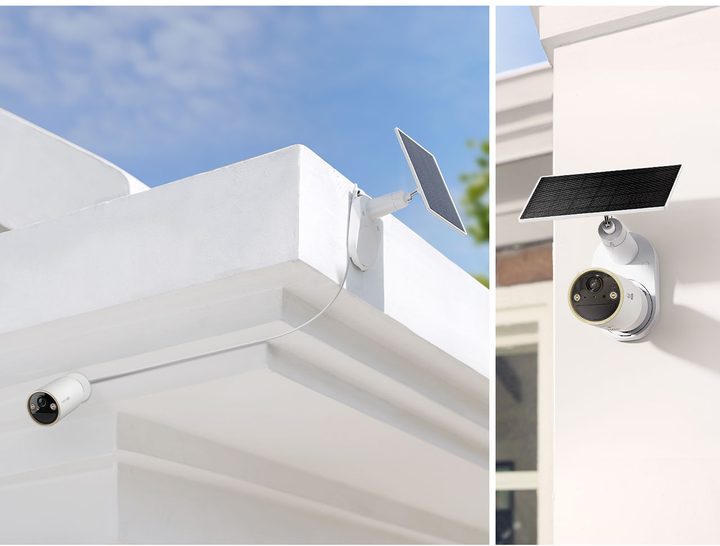 Tapo C460 solar camera and panel mounted on a wall